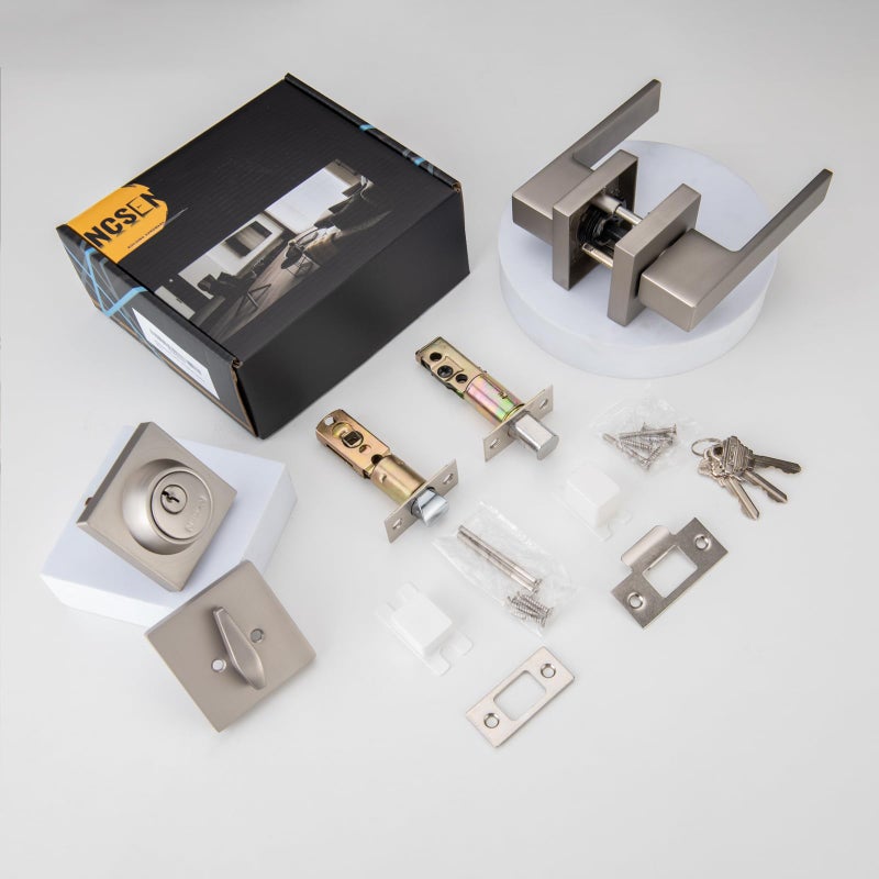 NCSEN 2 Pack Heavy Duty Square Exterior Door Lock Set with Deadbolt  Satin Nickel Door Locks for Front Door and Bedroom  Front Door Handle and Deadbolt Set - Image 4